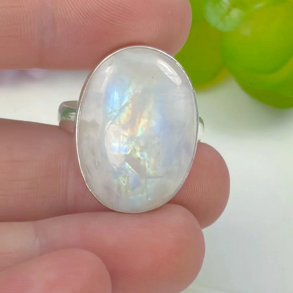 Pure Sterling Silver 925 Rainbow Moonstone Ring Size 9 Oval Boho Southwest New